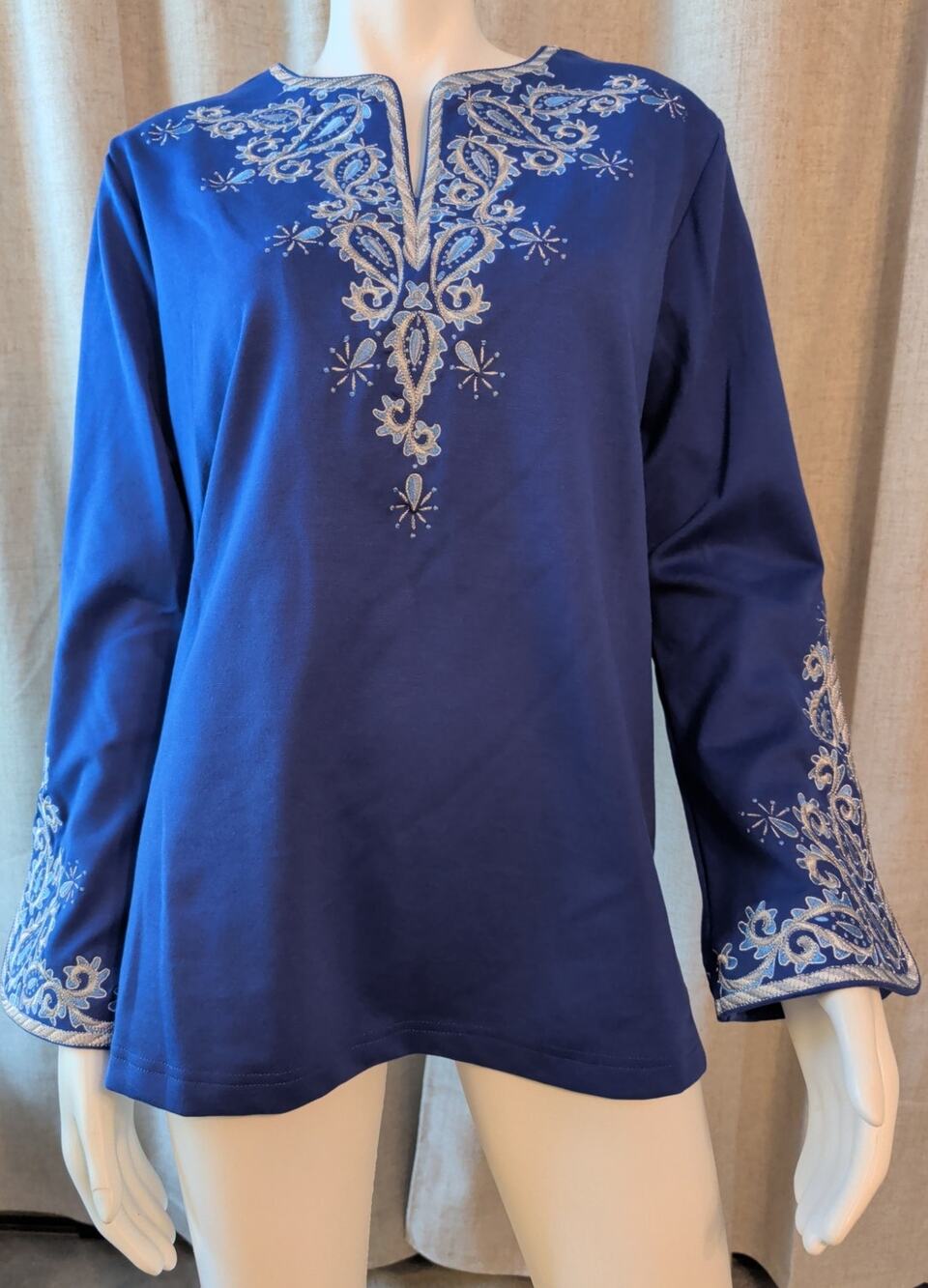 VTG Bob Mackie Wearable Art Blue Tunic Size L White Silver Embroidered Flair Slv